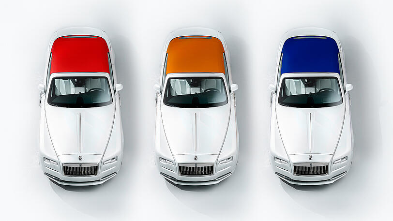 Die Briten können auch bunt: Hier die Frühjahrs- und Sommerkollektion von Rolls-Royce in Gestalt von drei Dawn &bdquo;Inspired by Fashion&ldquo;.