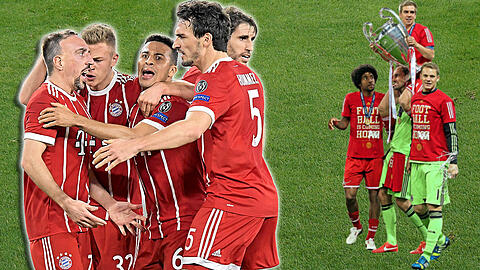 Einen Titel haben sie schon, zwei sollen noch her: Das Bayern-Team 2018 (l.) um Franck Ribéry, Joshua Kimmich, Thiago, Mats Hummels und Javi Martínez (v.l.). 2013 holten die Bayern das Triple mit Dante, Tom Starke, Philipp Lahm und Manuel Neuer (v.l.)