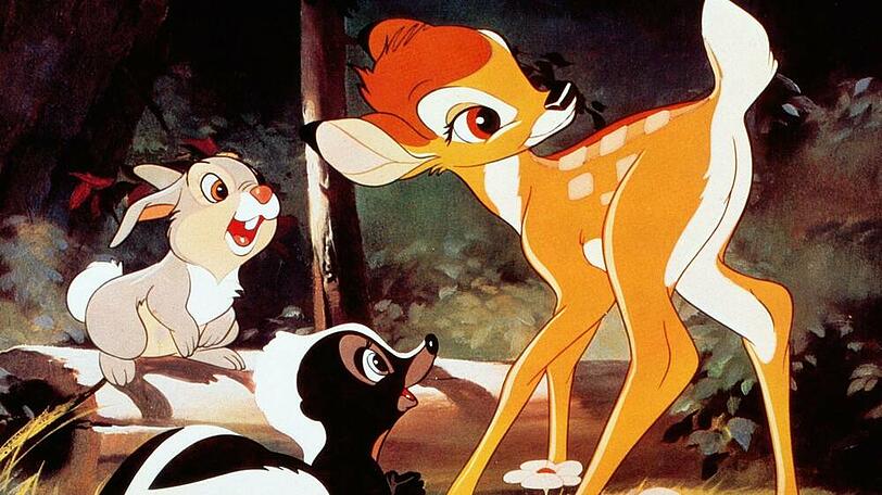 Bambi mit seinen Freunden Klopfer (Hase) und Blume (Stinktier)