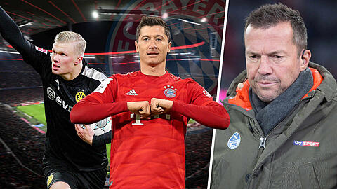 Die derzeit erfolgreichsten Stürmer der Champions League: Dortmunds Erling Haaland (l.) und Bayerns Goalgetter Robert Lewandowski (m.). Beide haben je zehnmal in der Königsklasse getroffen.