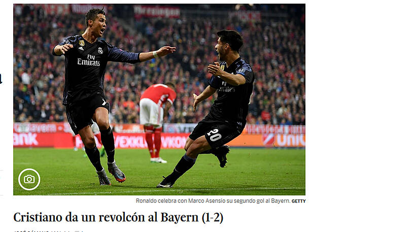 "El Pais": Ronaldo versetzt Bayern den Schlag. Der seit September in der Champions League torlose Portugiese führt Madrid mit zwei Treffern durch eine überwältigende zweite Halbzeit.