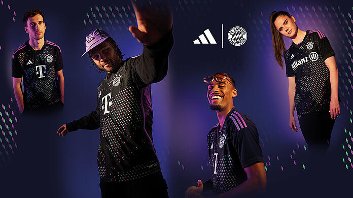 Die Bayern-Stars um Serge Gnabry präsentieren das neue Auswärtstrikot des Klubs.