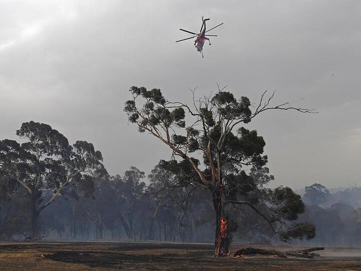 Ein Löschhubschrauber fliegt über Bäume vor rauchverhangenem Himmel im Vorort Bundoora von Melbourne.