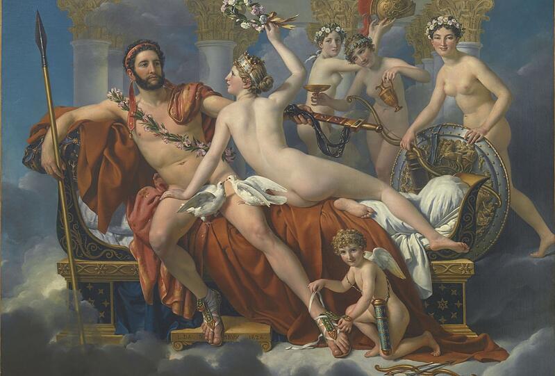 Irritierender Griff in die Mythenkiste: Im Jahr vor seinem Tod 1825 malt Jacques-Louis David im Brüsseler Exil „Mars entwaffnet durch Venus und die drei Grazien“. Irritierender Griff in die Mythenkiste: Im Jahr vor seinem Tod 1825 malt Jacques-Louis David im Brüsseler Exil „Mars entwaffnet durch Venus und die drei Grazien“.