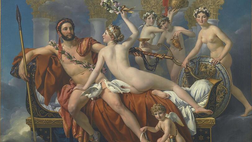 Irritierender Griff in die Mythenkiste: Im Jahr vor seinem Tod 1825 malt Jacques-Louis David im Brüsseler Exil „Mars entwaffnet durch Venus und die drei Grazien“. Irritierender Griff in die Mythenkiste: Im Jahr vor seinem Tod 1825 malt Jacques-Louis David im Brüsseler Exil „Mars entwaffnet durch Venus und die drei Grazien“.