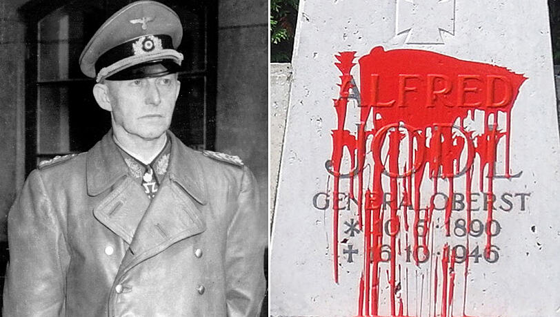 Aktion von Kastner: Das Nazi-Grab von Hitlers Generaloberst Alfred Jodl (l.) ist mit roter Farbe beschmiert. Aktion von Kastner: Das Nazi-Grab von Hitlers Generaloberst Alfred Jodl (l.) ist mit roter Farbe beschmiert.