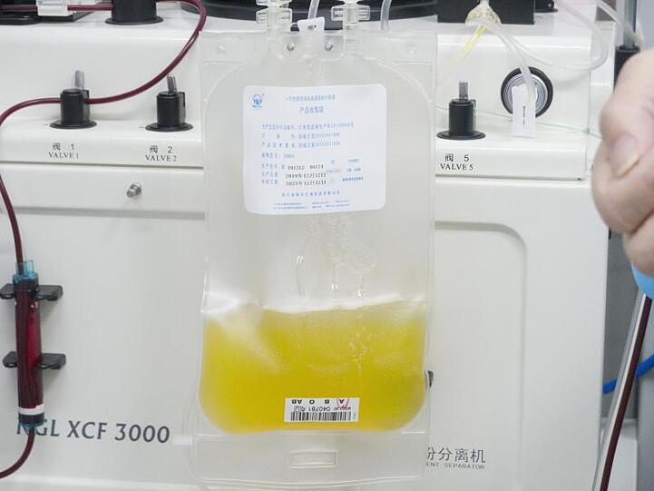 Gespendetes Plasma wird in einem Plasmabeutel aufgefangen. Foto: Cai Yang/XinHua/dpa/Symbolbild