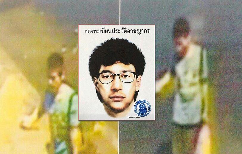 Die Bilder zeigen eine Zeichnung eines Verdächtigen sowie Fotos einer Überwachungskamera in Bangkok.