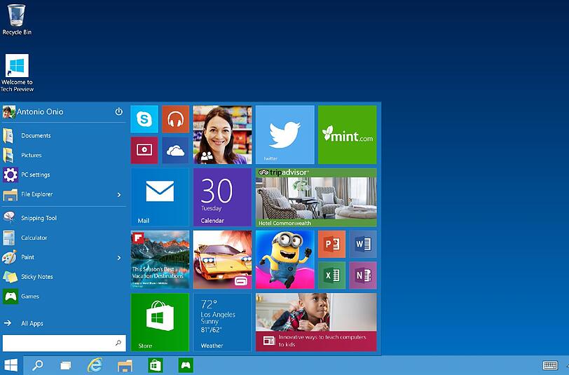 Die Benutzeroberfläche von &bdquo;Windows 10&ldquo;: Das klassische Startmenü ist zurück, kombiniert mit den &bdquo;Kacheln&ldquo; aus Windows 8.1.