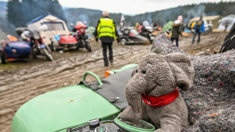 Ein Elefant aus Plüsch ist an einem Motorrad auf dem Gelände des Elefantentreffens befestigt. Foto: Armin Weigel/dpa Ein Elefant aus Plüsch ist an einem Motorrad auf dem Gelände des Elefantentreffens befestigt. Foto: Armin Weigel/dpa