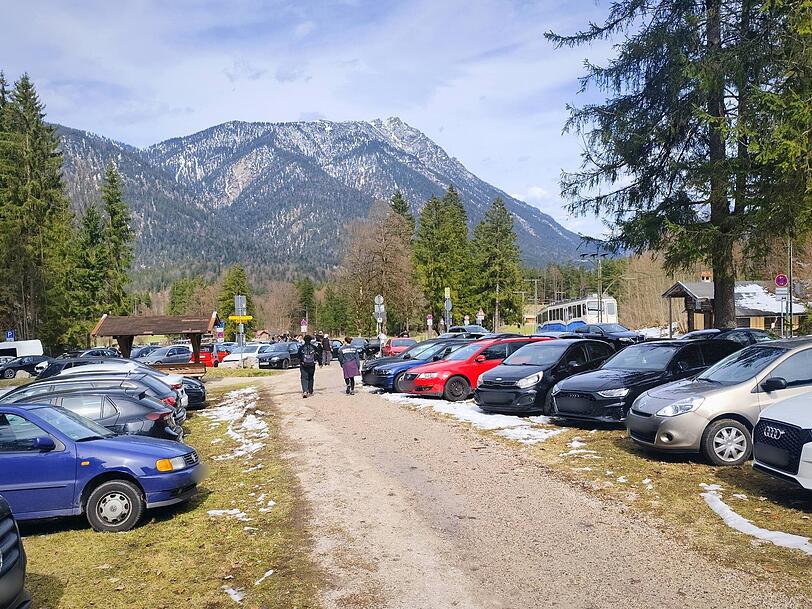 Autos parken auf umliegenden Wiesen.