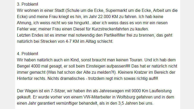 Auf eBay möchte ein Mann aus Hannover seinen VW Touran nach nur 3,5 Jahren verkaufen - und ist dabei erstaunlich offen...