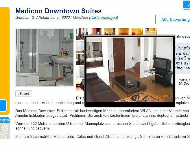 Die Anzeige in einem Hotelportal, wo die &bdquo;Suiten im Herzen von München&ldquo; angeboten werden.