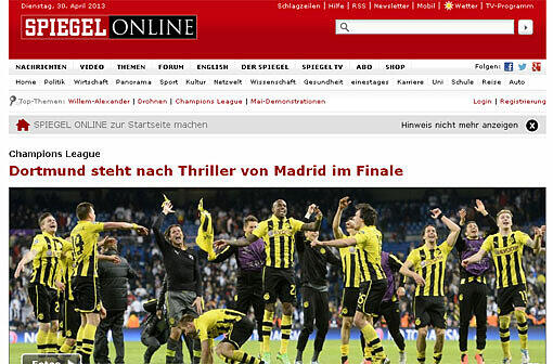 Der &bdquo;Spiegel&ldquo; schreibt: &bdquo;Am Ende war es eine nervenaufreibende Zitterpartie, doch nun ist es geschafft: Dortmund hat trotz einer Niederlage in Madrid das Endspiel der Champions League erreicht. Real startete atemberaubend, scheiterte aber immer wieder an BVB-Keeper Weidenfeller.&ldquo;