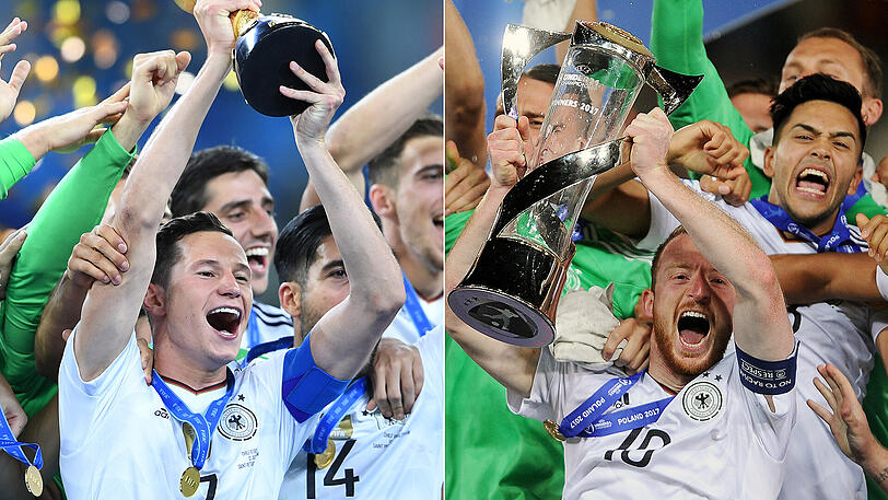 Die Anführer samt Trophäen: Kapitän Julian Draxler mit dem Confed-Cup-Pokal (links) und U21-Europameister Maximilian Arnold.