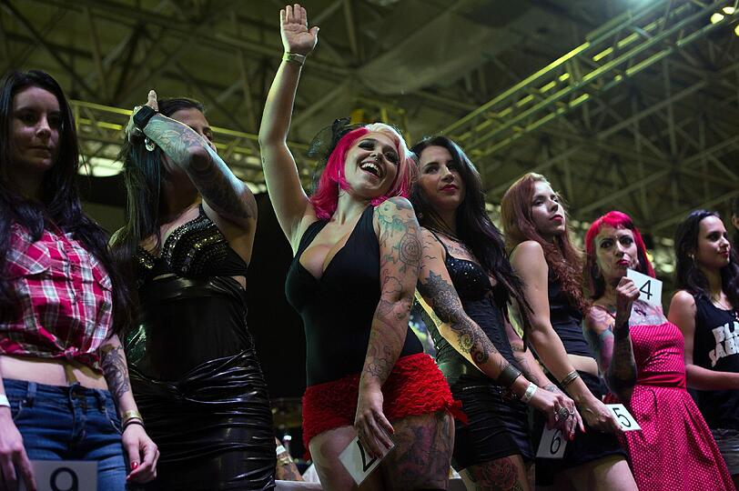 Misswahl in Rio - mal anders: Diese Damen wollen "Miss Tatoo" werden.
