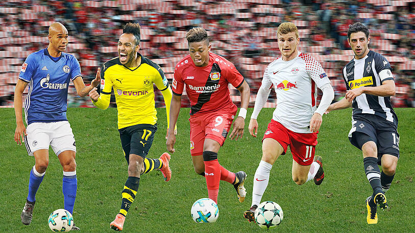 Spielen mit ihren Teams um die Champions-League-Qualifikation (v.l.): Der Schalker Naldo, Dortmunds Aubameyang, Bayer-Star Bailey, Leipzig-Stürmer Werner und Gladbachs Stindl.