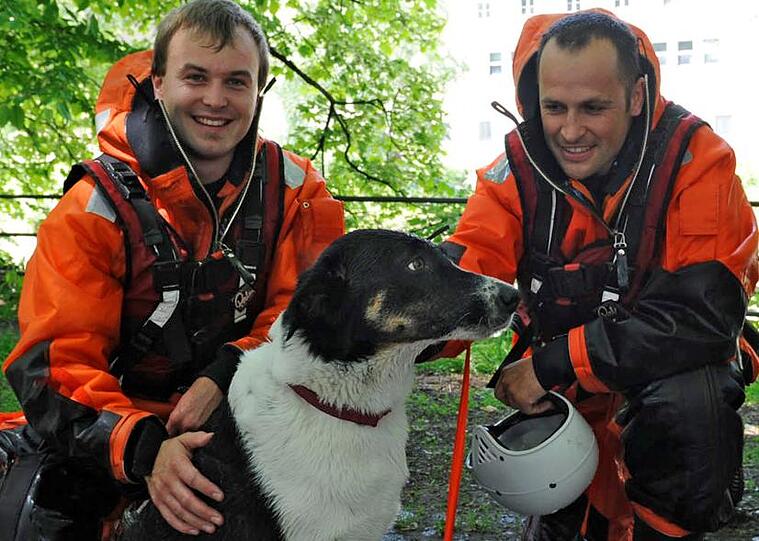 Hundedame Peggy mit ihren beiden Rettern von der Berufsfeuerwehr.