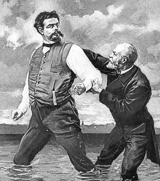 Die Zeichnung entstand um 1890: Gudden (r.) versucht, Ludwig II. vom Suizid abzuhalten. Die Zeichnung entstand um 1890: Gudden (r.) versucht, Ludwig II. vom Suizid abzuhalten.