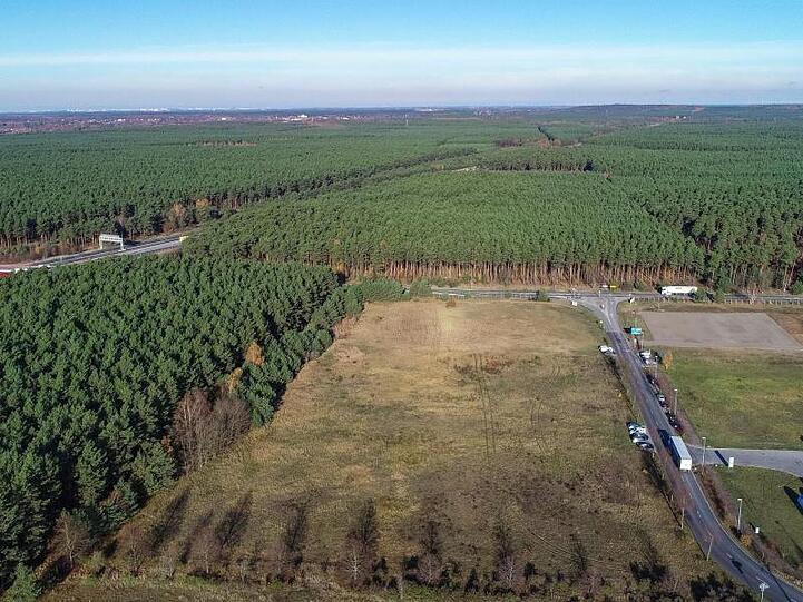 Das Güterverkehrszentrum Freienbrink in der Gemeinde Grünheide östlich von Berlin. Links ist die Autobahn A10 zu sehen. In dem riesigen Waldgebiet rechts der Autobahn plant Tesla den Bau der neuen Fabrik.