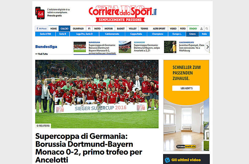 Corriere dello Sport: "Erste Trophäe für Carlo Ancelotti. Trotz besserer Leistung des Gegners fahren die Bayern mit dem ersten Titel der Saison nach Hause."