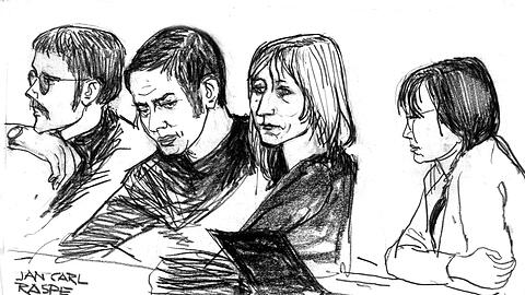 Die Angeklagten Jan-Carl Raspe, Andreas Baader, Gudrun Ensslin und Ulrike Meinhof wurden wärend des Prozesses von einem Gerichtszeichner gezeichnet. (Archivbild)