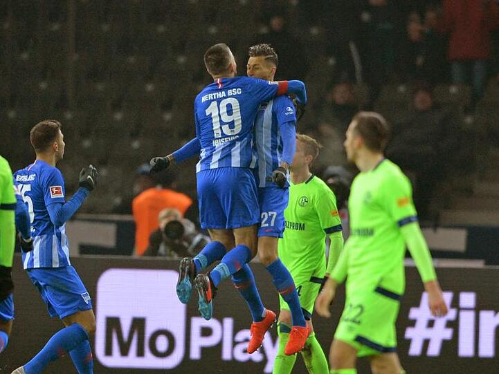 Die Berliner Vedad Ibisevic (L) und Davie Selke (R) bejubeln das Tor zum 2:2 gegen den FC Schalke.