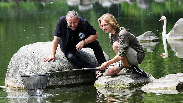 Der erste Fang: Schildkröte gefunden: Markus Baur (l.) und Merlin Weiss von der Auffangstation für Reptilien fischen im Mollsee nach ausgesetzten Schildkröten.