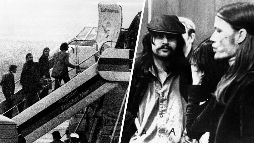 Rolf Heissler (l) und Rolf Pohle (r), die im März 1975 im Austausch für den Berliner CDU-Vorsitzenden Peter Lorenz im März 1975 freigelassen werden, auf dem Flughafen Frankfurt/Main.