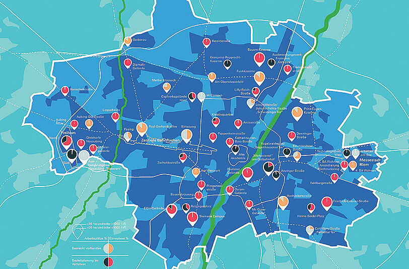 München wird bis 2030 nicht nur viele neue Wohnungen brauchen (rote und orangene Kreisausschnitte), sondern auch Gewerbegebiete mit Büros (schwarze und graue Kreisausschnitte). Die Karte zeigt die wichtigsten Projekte in der Stadt. Büros entstehen zum Beispiel am Vogelweideplatz ("Bogenhausener Tor"), Gewerbeflächen kommen in die Alte Akademie, ins Werksviertel am Ostbahnhof und nach Freiham-Süd.