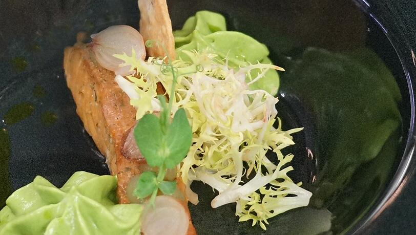 Erster Gang: In Kirschblüte geräuchertes Lachsfilet mit Avocado-Limetten-Espuma, Gurken-Gel, eingelegter Perlzwiebel und krossem Fenchel. Erster Gang: In Kirschblüte geräuchertes Lachsfilet mit Avocado-Limetten-Espuma, Gurken-Gel, eingelegter Perlzwiebel und krossem Fenchel.