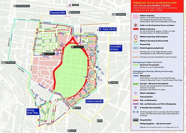 Der "mittlere Sperr-Ring" (rot), also Bavariaring und Theresienhöhe, ist während der Wiesn für Autos gesperrt, nur Anwohner dürfen durchfahren. Auch in den rosa Bereich dürfen nur Berechtigte einfahren.