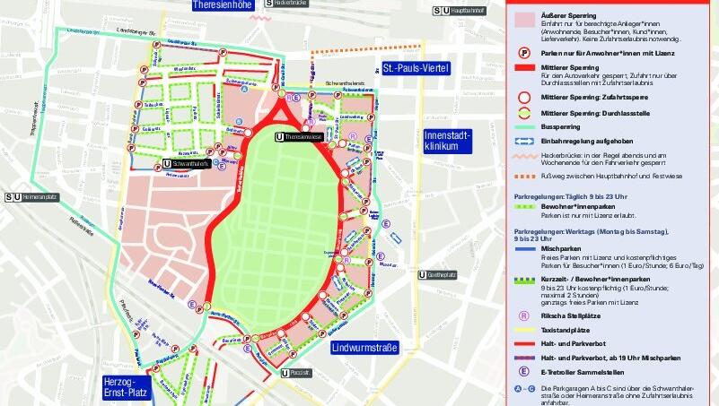 Der "mittlere Sperr-Ring" (rot), also Bavariaring und Theresienhöhe, ist während der Wiesn für Autos gesperrt, nur Anwohner dürfen durchfahren. Auch in den rosa Bereich dürfen nur Berechtigte einfahren. Der "mittlere Sperr-Ring" (rot), also Bavariaring und Theresienhöhe, ist während der Wiesn für Autos gesperrt, nur Anwohner dürfen durchfahren. Auch in den rosa Bereich dürfen nur Berechtigte einfahren.