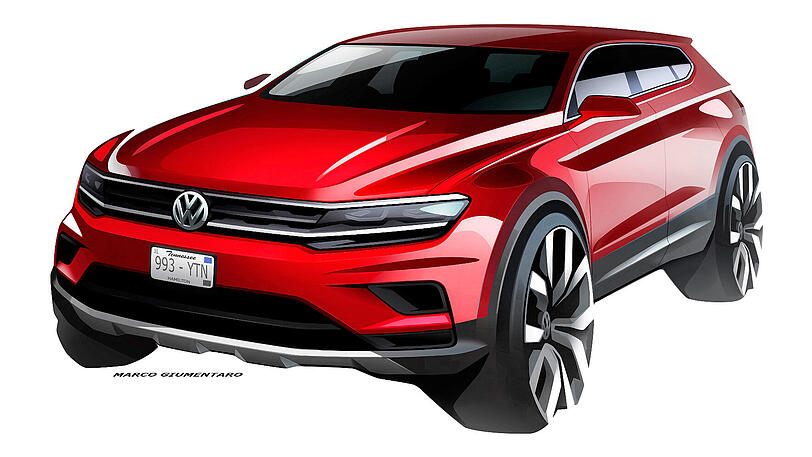 Noch ist es nur eine Skizze: Seine Weltpremiere feiert der Tiguan Allspace auf der Detroit Auto Show. Die Markteinführung ist für den Sommer 2017 geplant.