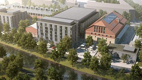 Rechts ist die denkmalgeschützte Trafohalle zu sehen, die als Bibliothek und Foyer dienen wird, daneben der graue Bau der neuen Isarphilharmonie. Im Vordergrund rechts ein Mehrzeckraum, der auch als kleiner Konzertsaal genutzt werden kann. Ganz links angeschnitten: zukünftige Gebäude der Musikhochschule und der VHS.