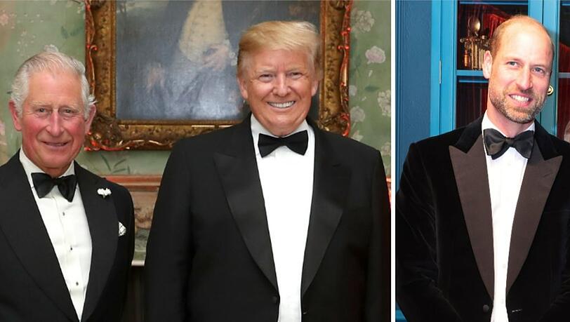 Donald Trump (M.) besuchte in diesem Jahr Gro&szlig;britannien - und traf K&ouml;nig Charles (l.) und Prinz William.