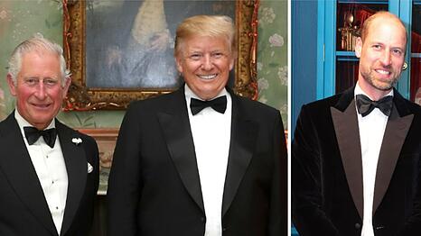 Donald Trump (M.) besuchte in diesem Jahr Gro&szlig;britannien - und traf K&ouml;nig Charles (l.) und Prinz William.