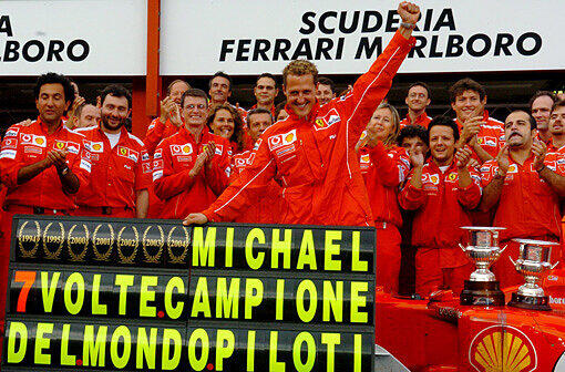 Auch 2004 ist er nicht zu stoppen: Michael, 7 mal Weltmeister-Pilot. Ferrari feiert seinen Star.