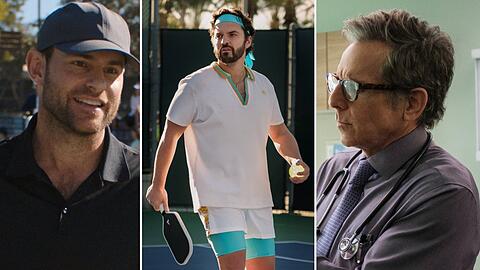 Jake Johnson (M.) spielt in der Kom&ouml;die "The Dink" die Hauptrolle. Ex-US-Tennisstar Andy Roddick (l.) ist als er selbst mit von der Partie und Ben Stiller spielt einen Arzt.