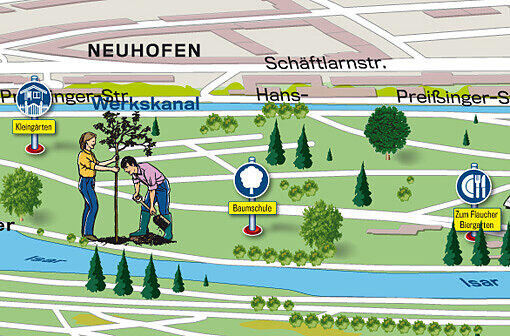 Höhe Hans-Preißinger-Straße: Baumschule, Kleingärten: Zwischen Isar und Werkskanal findet sich alles was das Gärtnerherz begehrt. Und für den Durst gibt's den Flaucher-Biergarten.