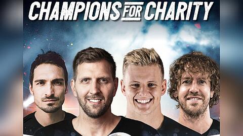 (v.l.n.r.): Mats Hummels, Dirk Nowitzki, Mick Schumacher und Sebastian Vettel sind nur vier der teilnehmenden Stars bei "Champions for Charity 2022".