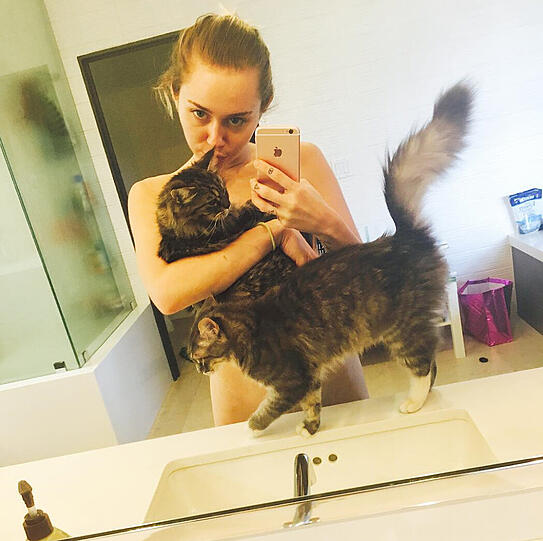 Katze statt Kleidung: Miley Cyrus teilt täglich Selfies, gerne nackt.