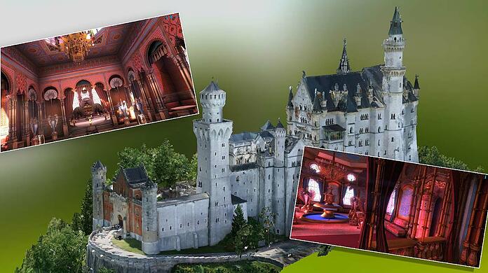 Die digitalen Nachbildungen von Schloss Neuschwanstein, Schachenhaus und Linderhof kommen ganz ohne Touristen aus.