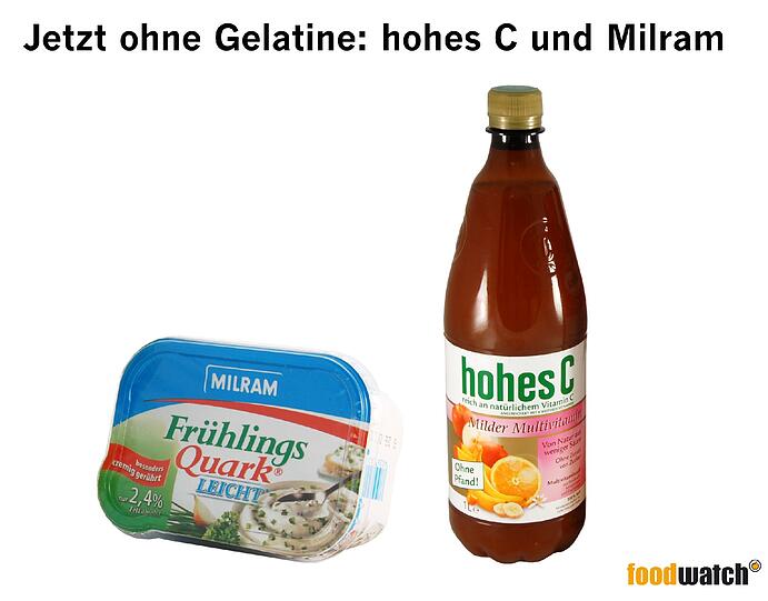 Jetzt ohne Gelatine: "Hohes C" und "Milram Frühlingsquark". Die ersten Unternehmen haben bereits auf die Kritik am &bdquo;Tiere-Verstecken&ldquo; reagiert: Bei hohes C kam früher Fischgelatine als Trägerstoff für Vitamine zum Einsatz &ndash; neuerdings verwendet der Hersteller eine stärkebasierten und damit veganen Trägerstoff. Auch der Milram Frühlingsquark leicht beinhaltet keine Gelatine mehr &ndash; der Hersteller wirbt jetzt sogar mit dem Clean Label &bdquo;ohne Zusatz von Gelatine&ldquo;.