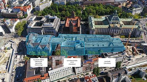 Der Altbau am Bahnhofsplatz (links) bleibt stehen, aber der lange 70er-Jahre-Riegel dahinter wird abgerissen. Zum kleinen Hotel Luitpold (nicht blau übermalt) laufen laut Signa noch "Ankaufsgespräche".