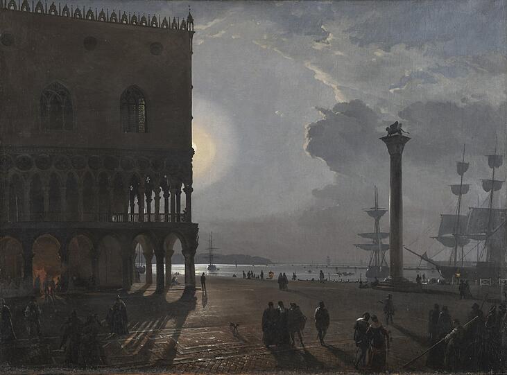"Die Piazzetta bei Mondschein" – hier aus dem Jahr 1838 – ist schnell zu Friedrich Nerlys Bestseller geworden. Und das fast bis ans Lebensende des Künstlers. 36 Varianten sind überliefert, der Titel "Mondschein-Nerly" kommt also nicht von Ungefähr. Aber damit traf der Maler nicht nur einen Nerv, er erfand zugleich das hochromantische Venedig. Und mit seinen Gemälden ging dieses Image in die Welt hinaus.