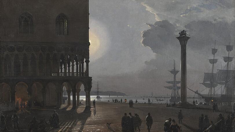 "Die Piazzetta bei Mondschein" – hier aus dem Jahr 1838 – ist schnell zu Friedrich Nerlys Bestseller geworden. Und das fast bis ans Lebensende des Künstlers. 36 Varianten sind überliefert, der Titel "Mondschein-Nerly" kommt also nicht von Ungefähr. Aber damit traf der Maler nicht nur einen Nerv, er erfand zugleich das hochromantische Venedig. Und mit seinen Gemälden ging dieses Image in die Welt hinaus. "Die Piazzetta bei Mondschein" – hier aus dem Jahr 1838 – ist schnell zu Friedrich Nerlys Bestseller geworden. Und das fast bis ans Lebensende des Künstlers. 36 Varianten sind überliefert, der Titel "Mondschein-Nerly" kommt also nicht von Ungefähr. Aber damit traf der Maler nicht nur einen Nerv, er erfand zugleich das hochromantische Venedig. Und mit seinen Gemälden ging dieses Image in die Welt hinaus.