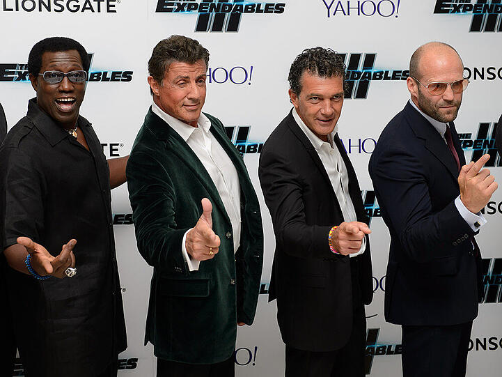 "The Expendables 3"-Stars posieren in London (v.l.n.r.): Wesley Snipes, Sylvester Stallone, Antonio Banderas, Jason Statham