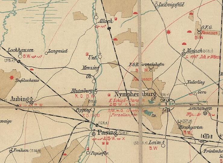Zentrale Lage: Nymphenburg auf der alten Karte von 1842/43.