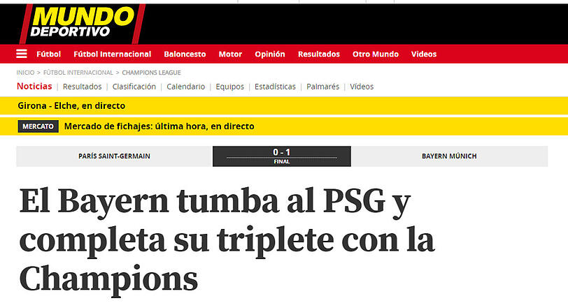 "Bayern setzen PSG außer Gefecht und vollenden ihren Champions League-Hattrick", schreibt die spanische "Mundo Deportivo".